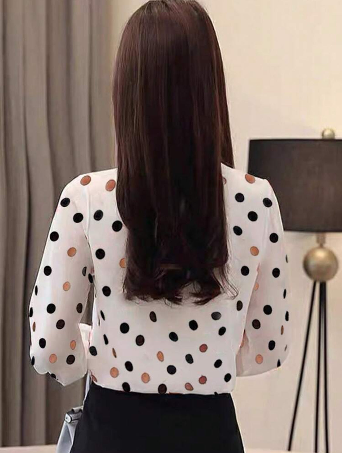 #9477 Tie Neck Long Sleeve Polka Dot Print Blouse