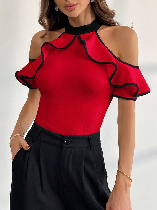 #3343 Color-Block Ruffle Ruffle Short Sleeve Blouse