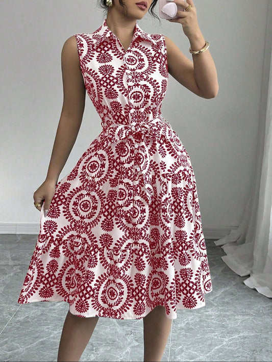 2050 All-Over Print Cinched Waist Dress