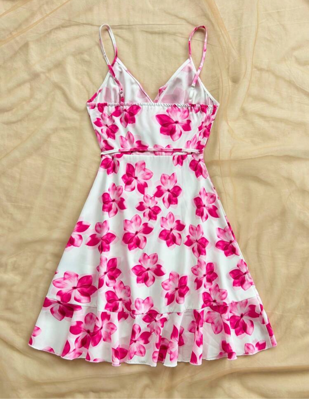 #8752 Floral Print Spaghetti Strap Ruffle Hem Asymmetric Mini Dress