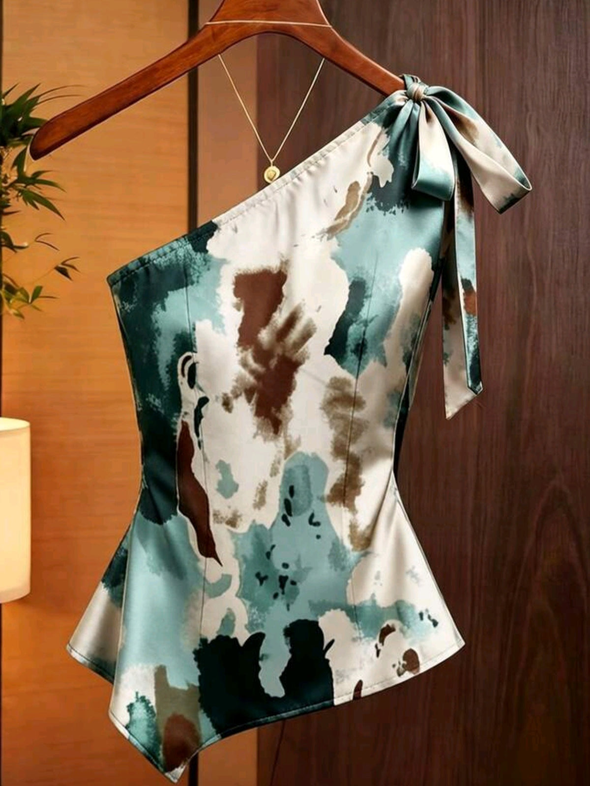 0304 Satin Asymmetric Shoulder Bow Decor Blouse