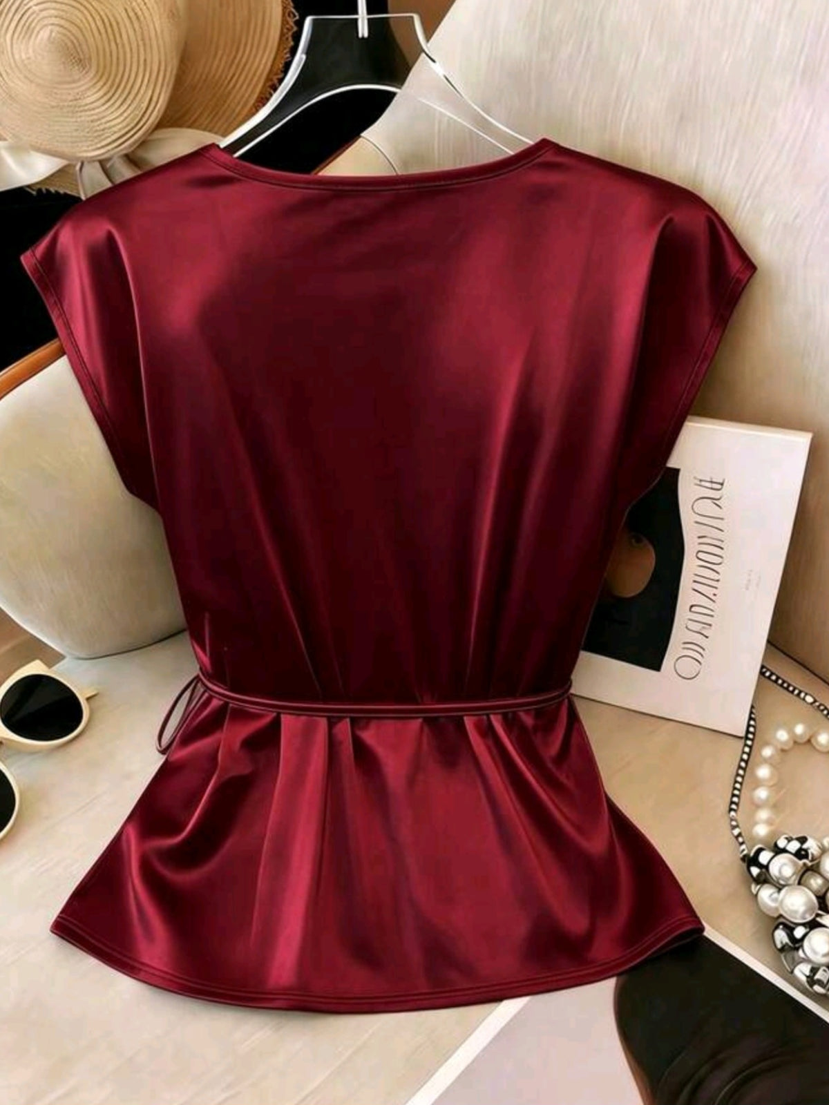 7391 Wrap Tie Side Satin V-Neck Top