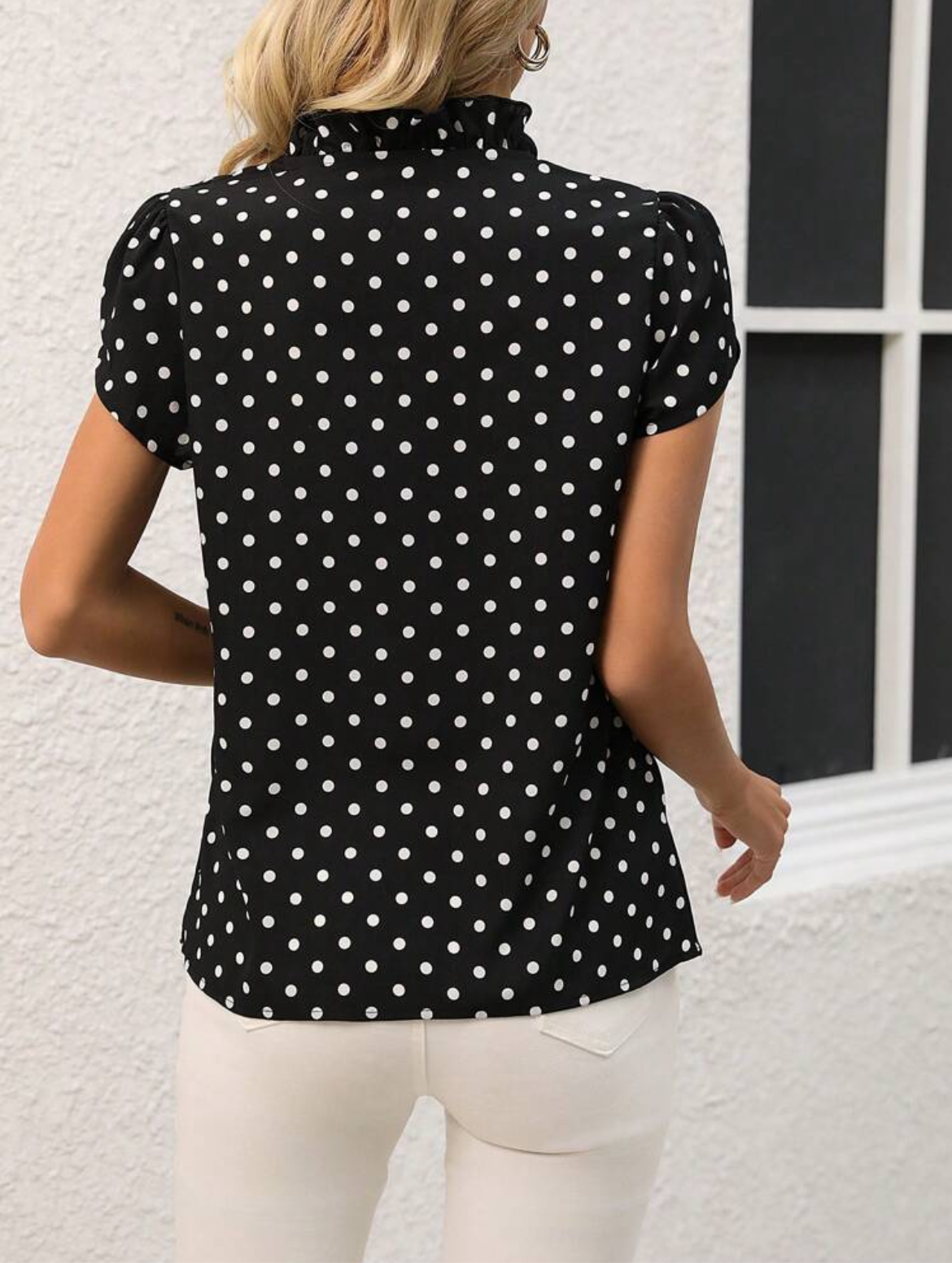 #2777 Polka Dot Shirt With Frill Trim Blouse