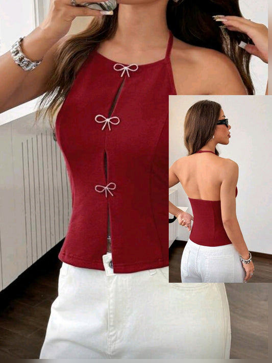 #7270 Knit Plain Sleeveless Backless Halter Top