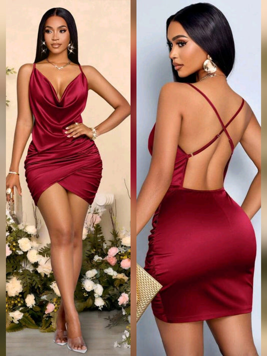 #4579 Solid Color Draped Collar Backless Satin Bodycon Dress