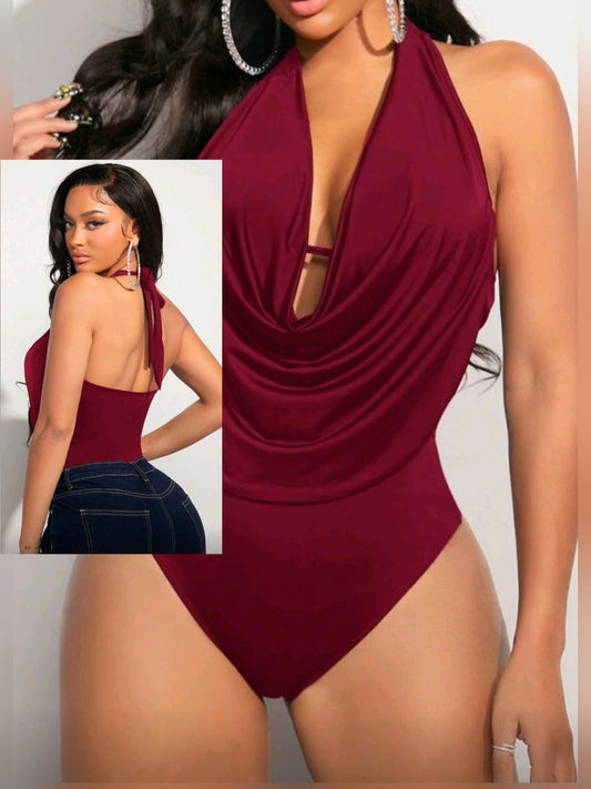 #6936 Solid Color Plunge Neckline Halter Bodysuit