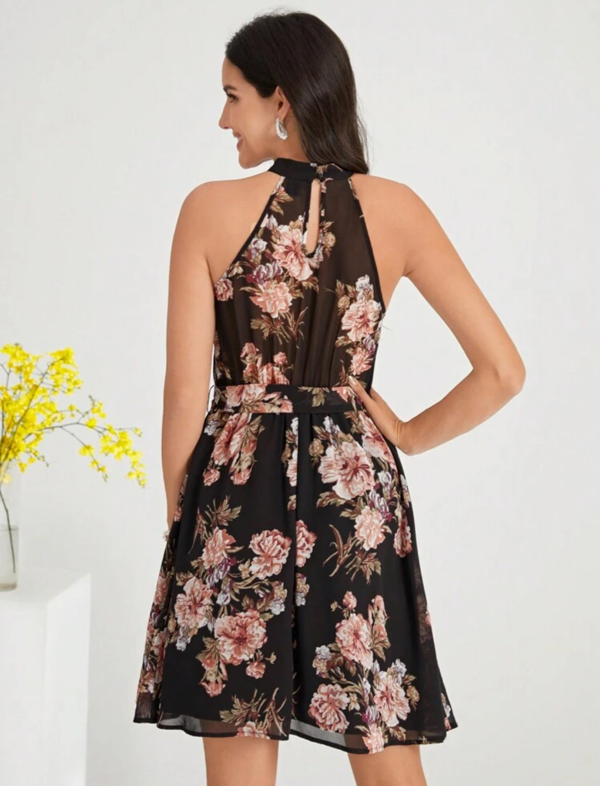 #1522 Floral Print Halter Neck Dress
