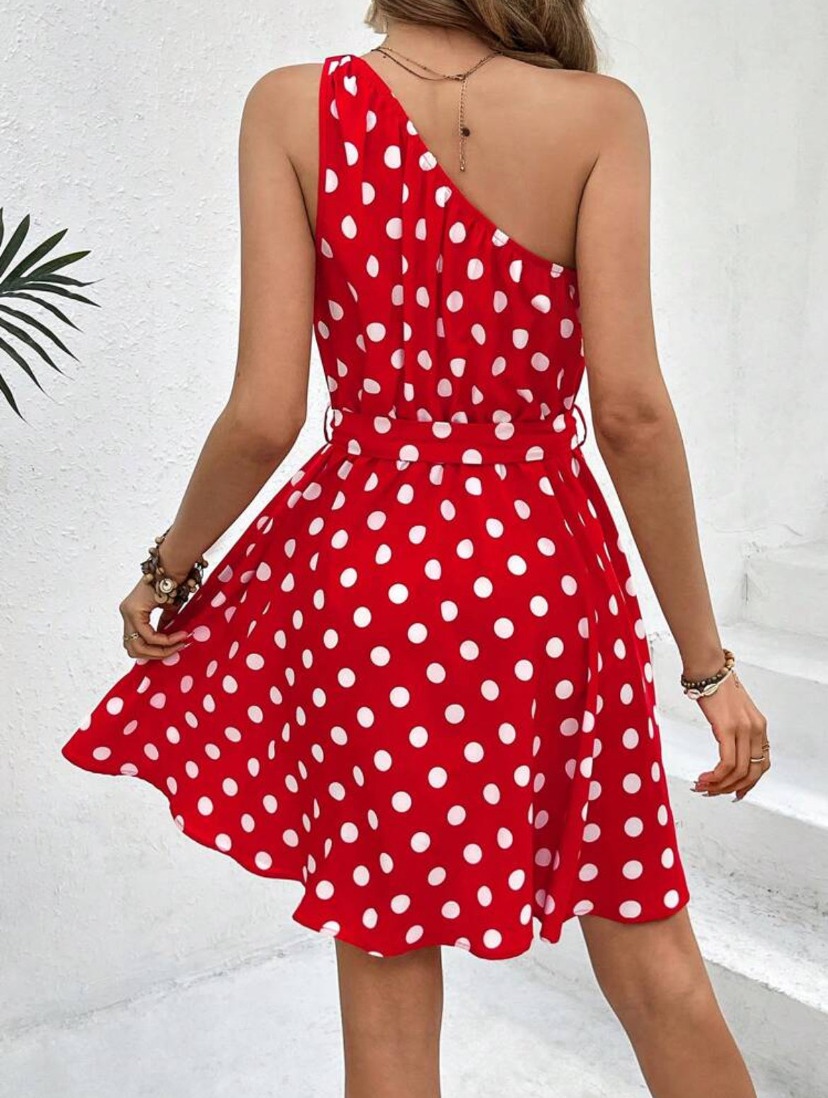 #1889 Polka Dot One Shoulder Belted Dress