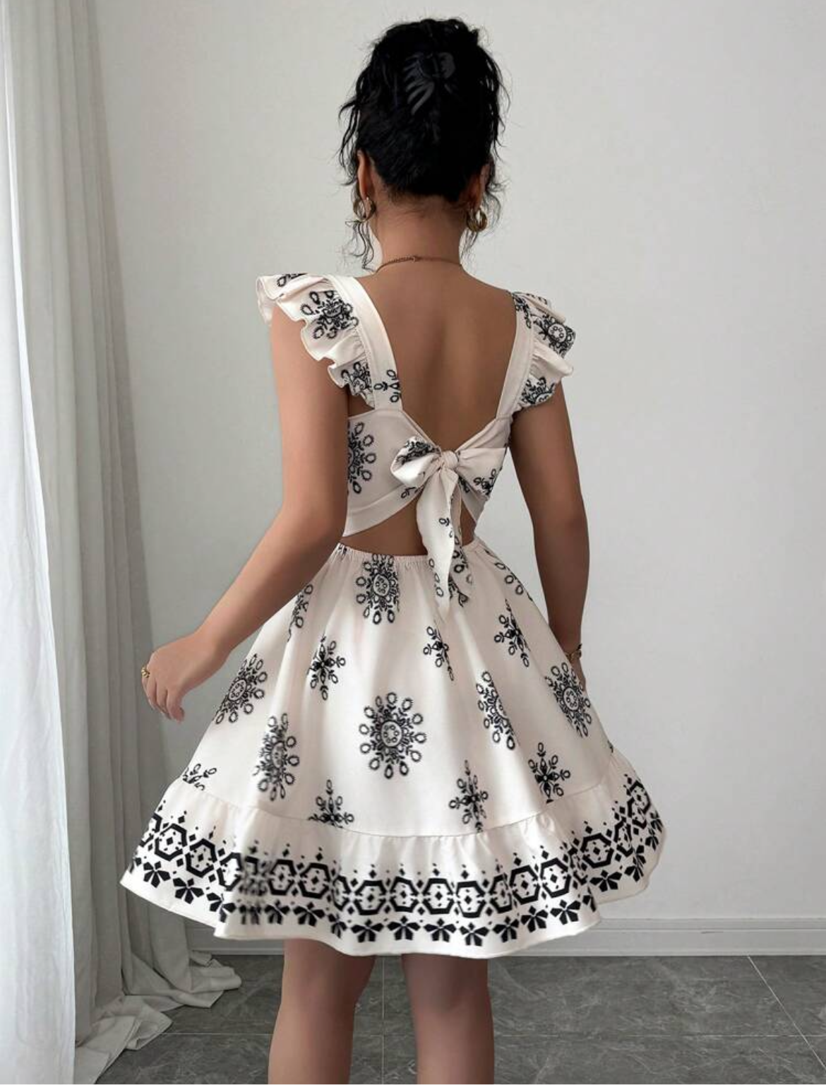 #1021 Tie Back Printed Mini Sleeve Dress