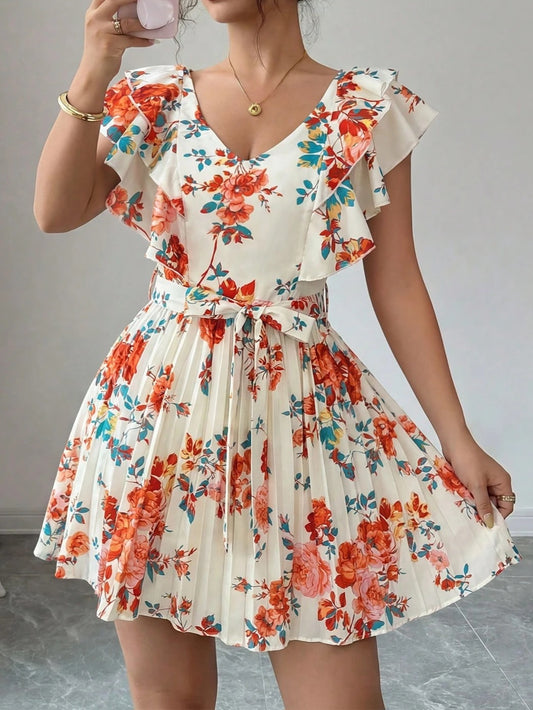 1920 V-Neck Cinched Waist A-Line Floral Dress