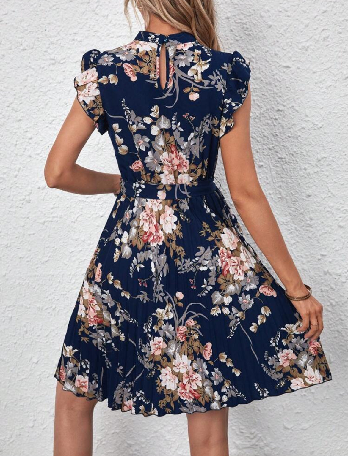 #9449 Floral Print Ruffle Trim Pleated Hem Belted Dress