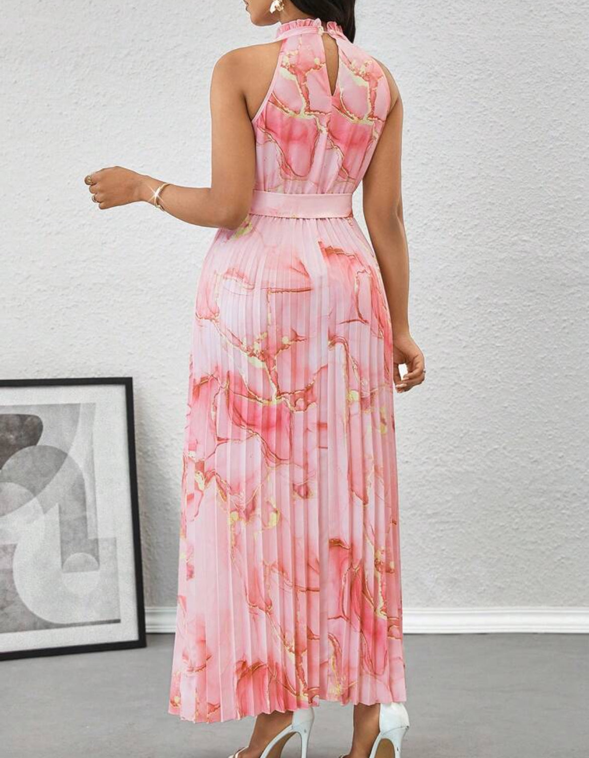 #9618 Marble Print Knotted Waist Pleated Hem Elegant Halter Neck Dress