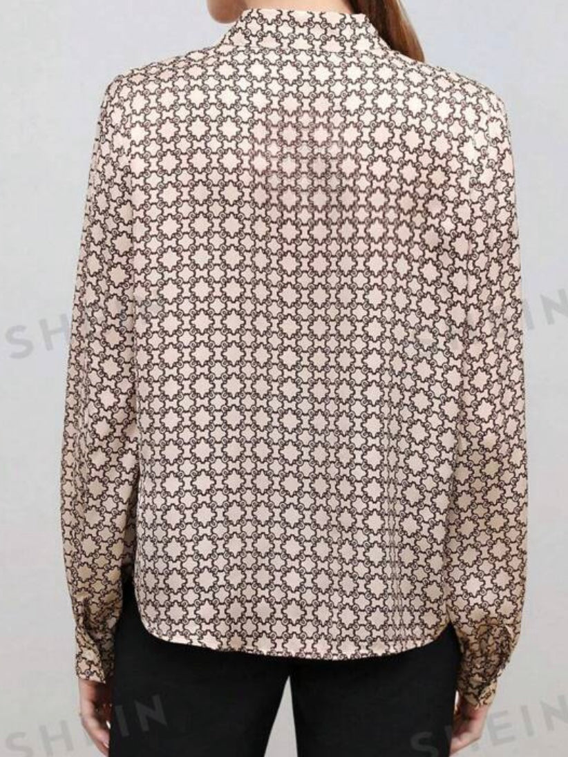 #7841 Allover Print Tie Neck Satin Blouse