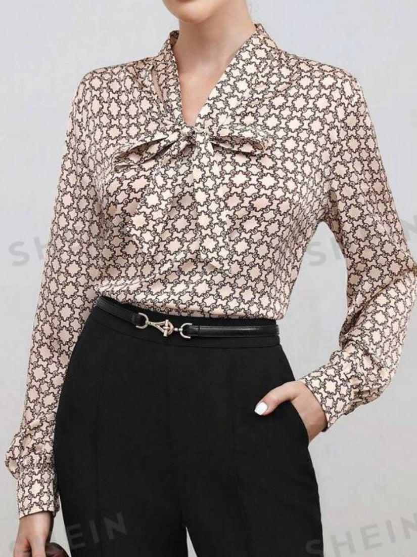 #7841 Allover Print Tie Neck Satin Blouse