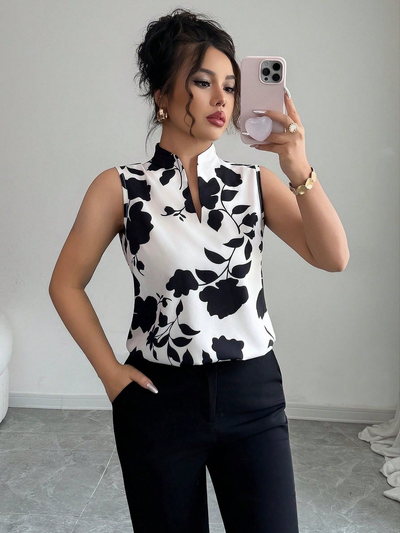 #3116 V-Neck Sleeveless Half-Placket Shirt Blouse