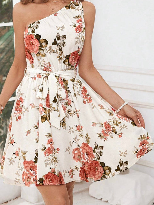One Shoulder Floral Printed Dress