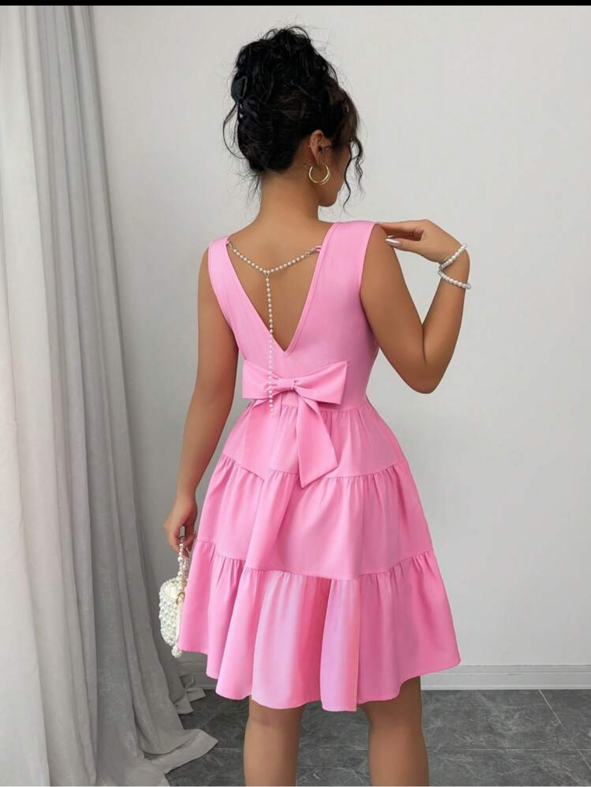 #7417 Plain Round Neck Sleeveless Backside Bow Design Short Dress