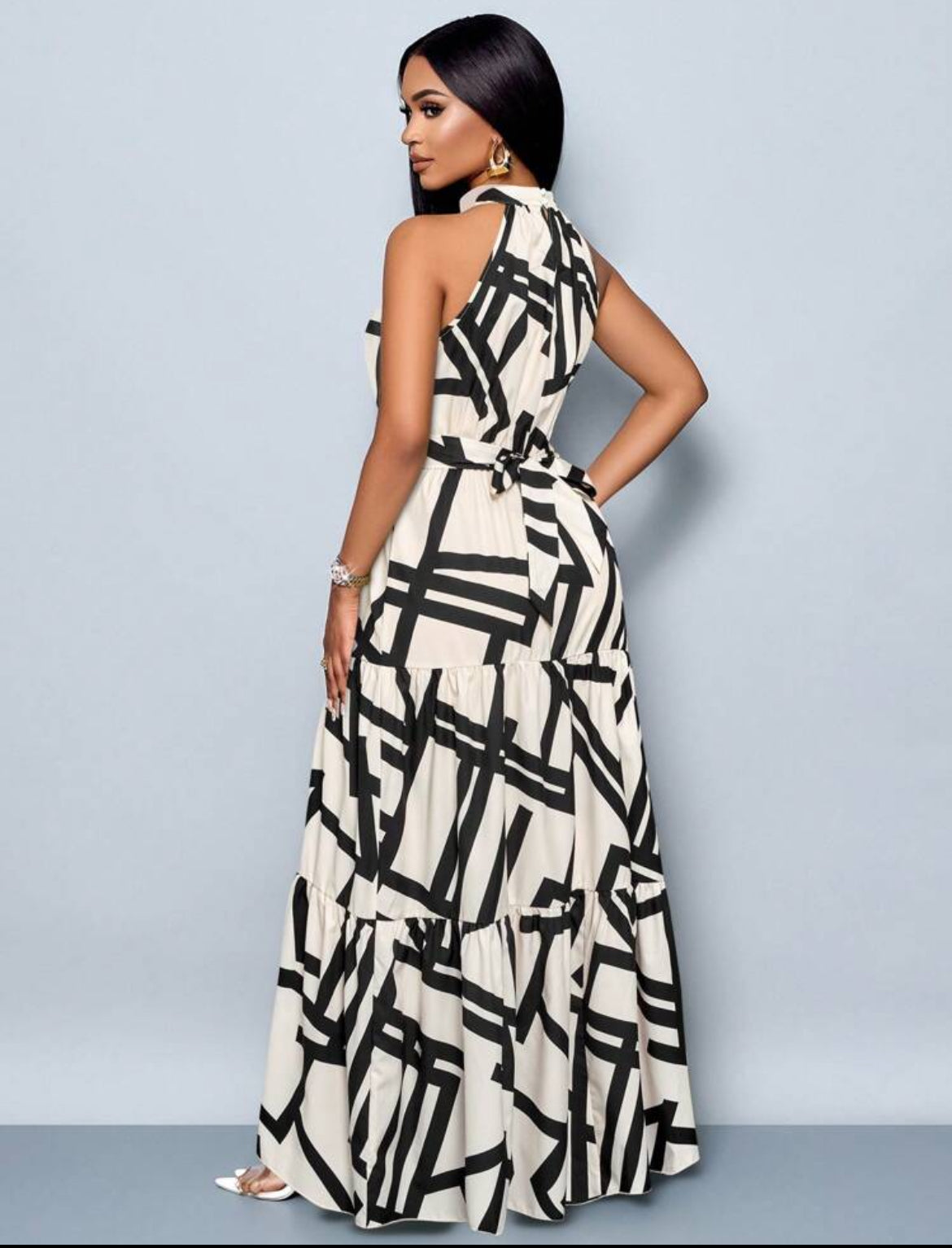 #3949 Allover Floral Print Halter Neck Maxi Dress With Belt