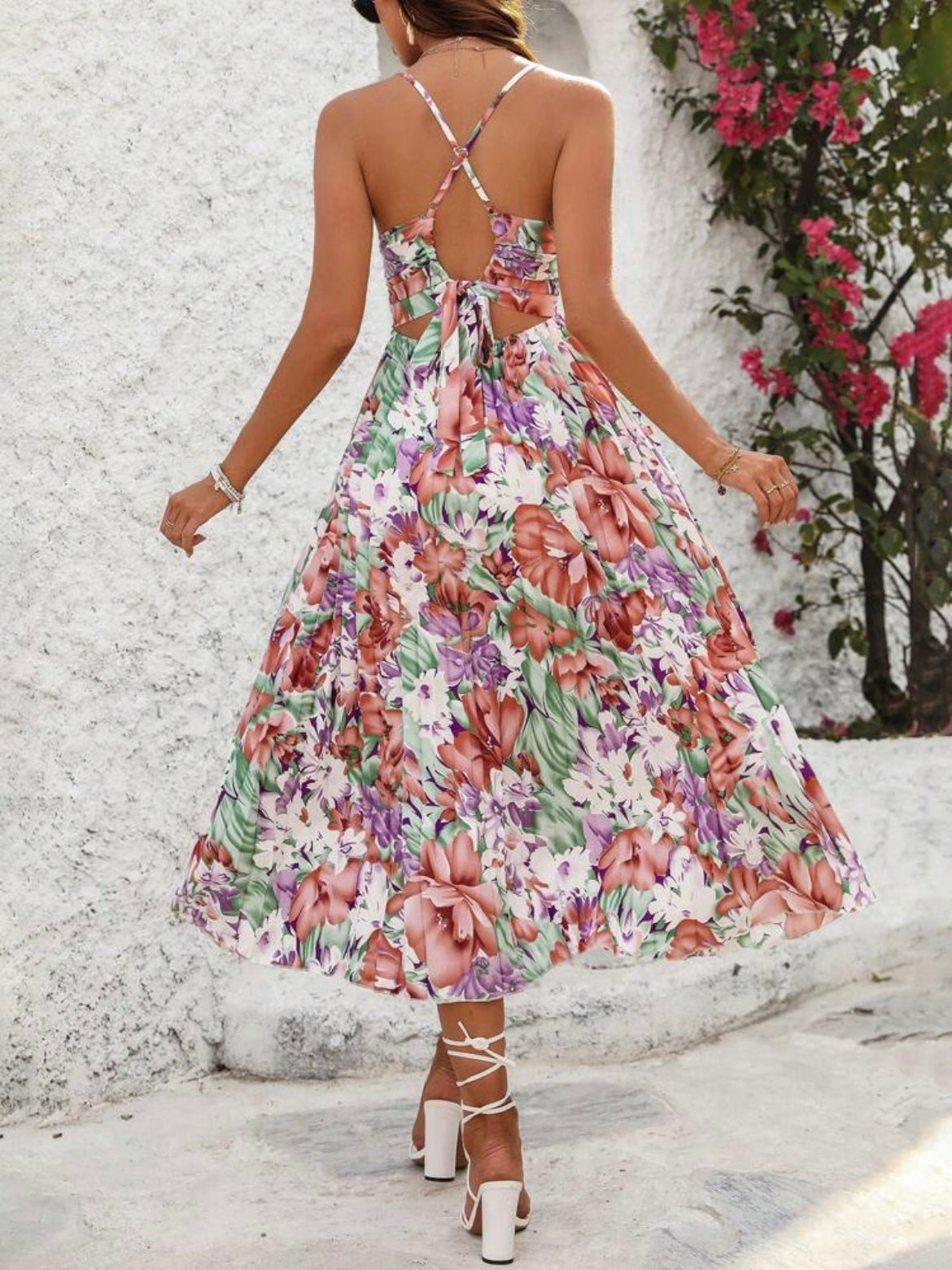 #0400 Floral Print Pleated Hem Spaghetti Strap Dress