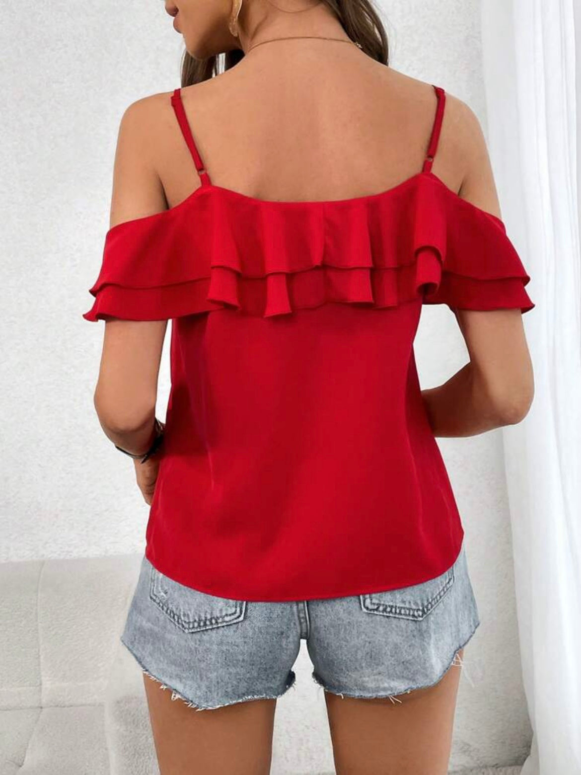 #2950 Ruffle Trim Cold Shoulder Blouse