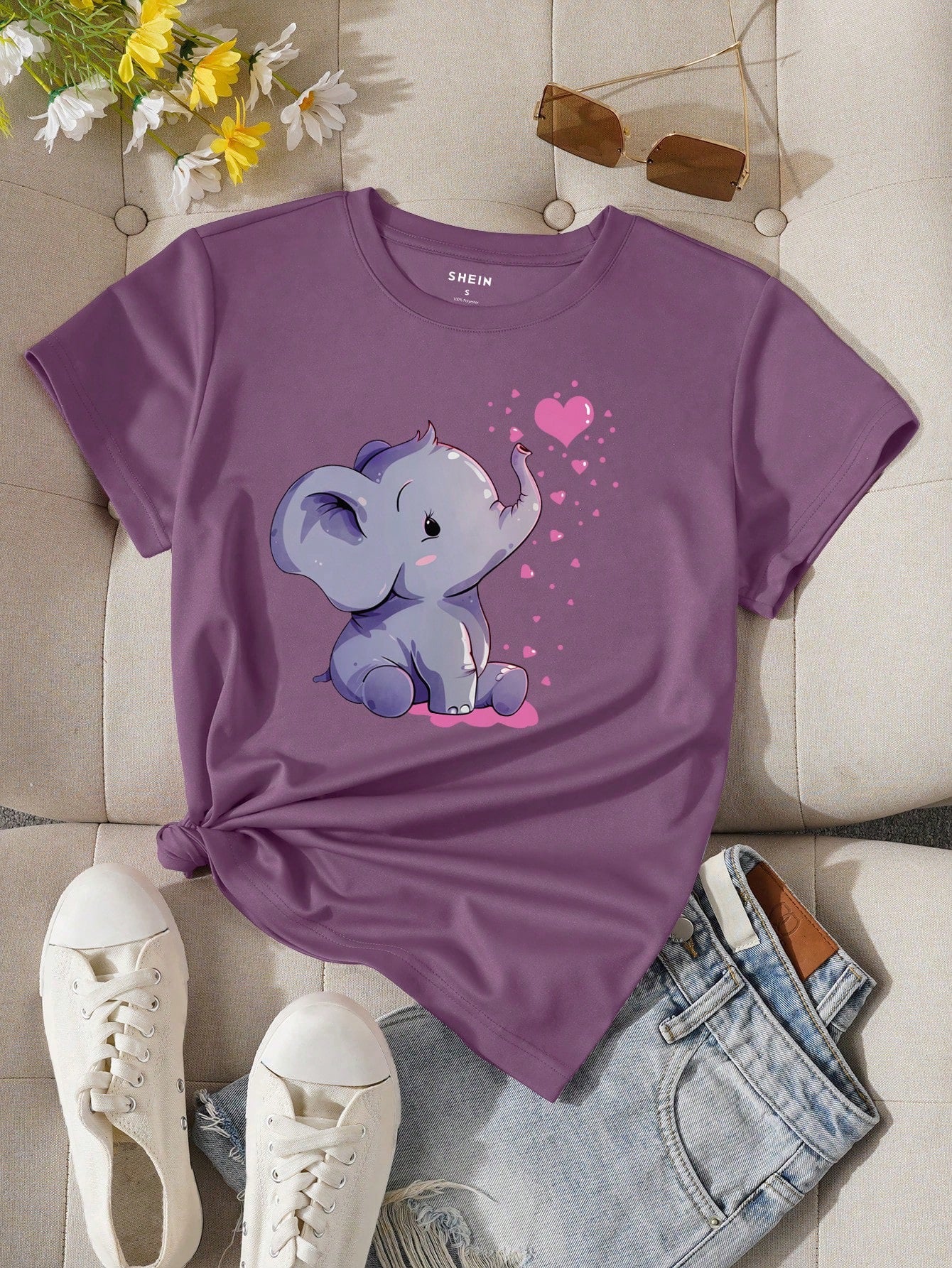 #0561 Elephant Printed Round Neck Short Sleeve T-Shirt
