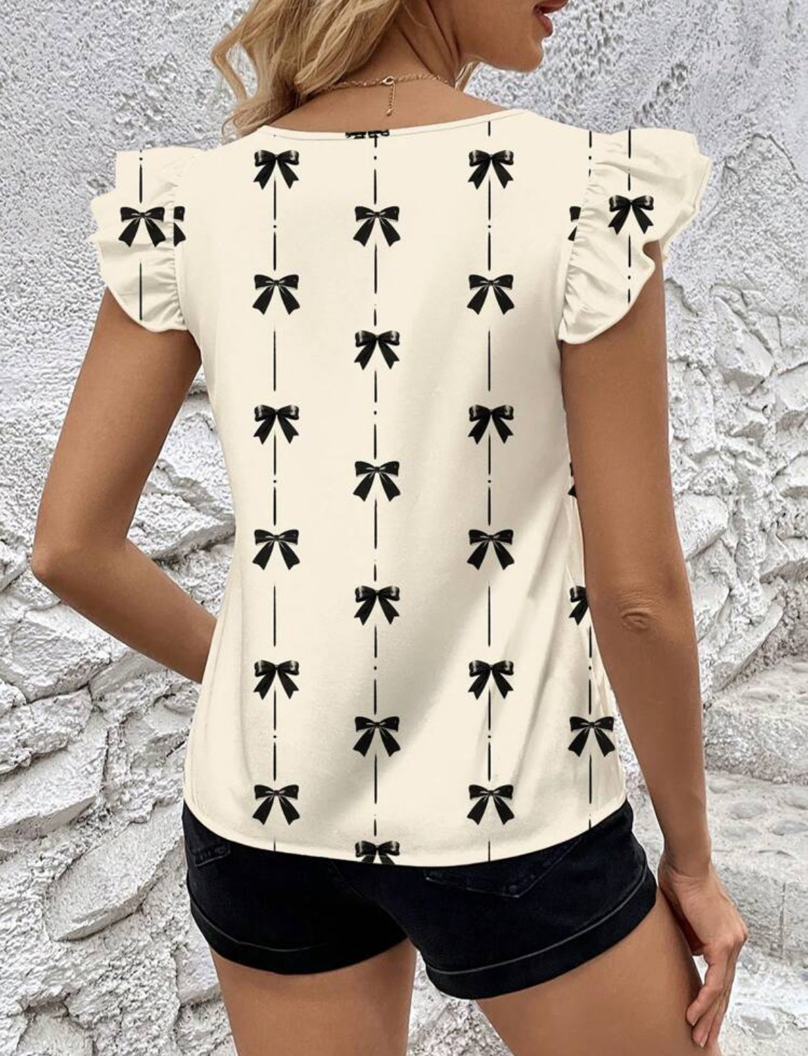 #9698 Bow Print Cap Sleeve Shirt