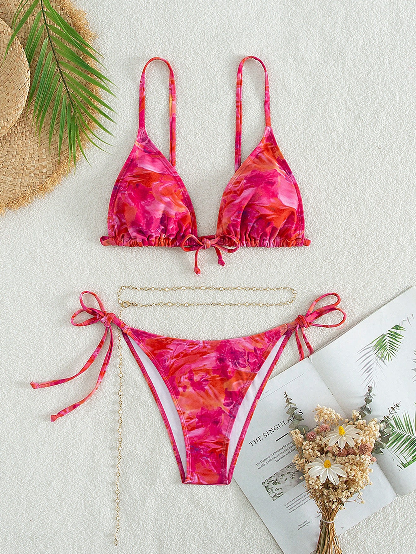#9822 Tie Dye Bikini Set Triangle Knot Front Bra & Tie Side Bottom & Chain 3 Piece Bathing Suit