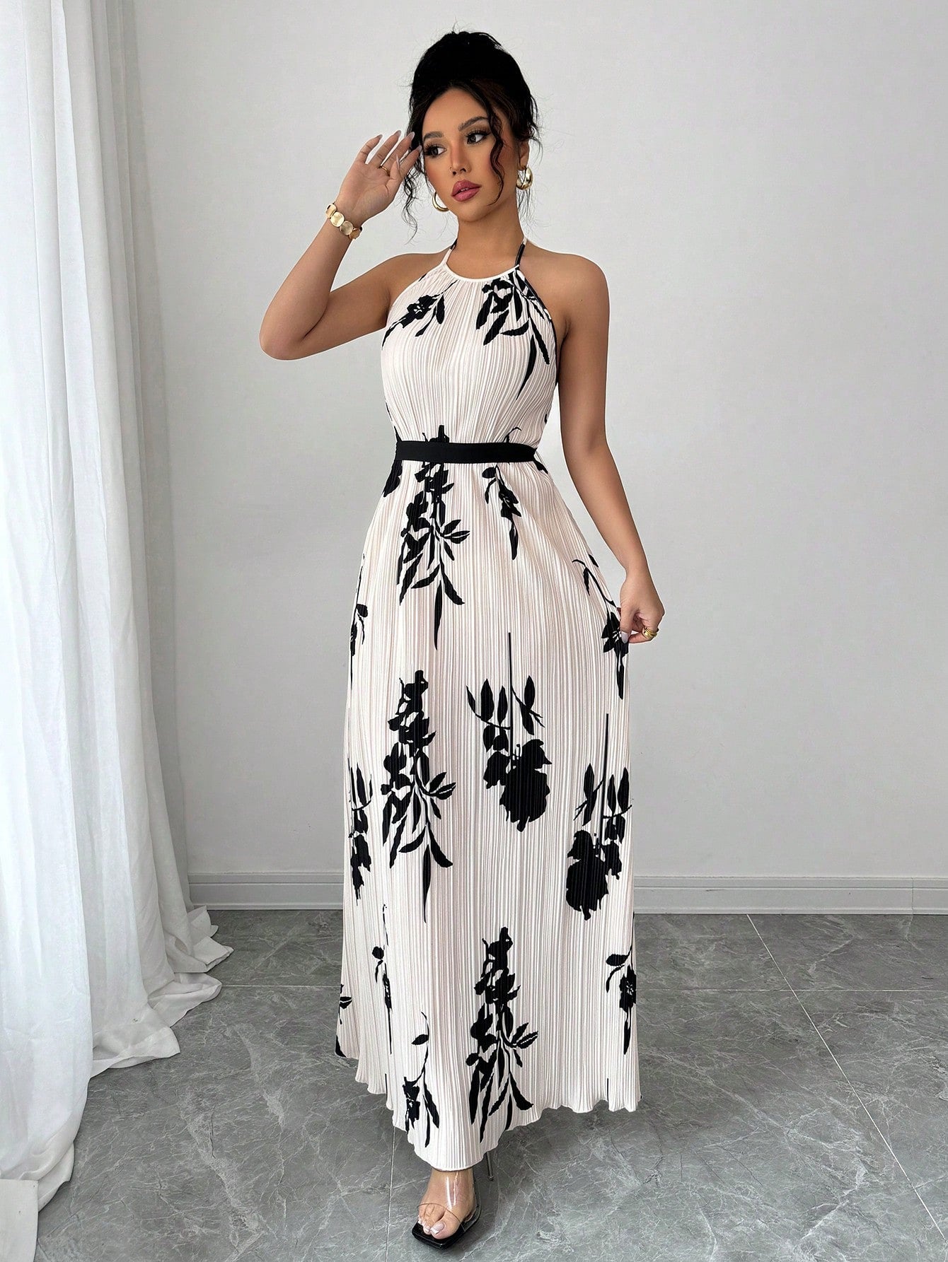 #5951 Casual Halter Neck Floral Print Dress