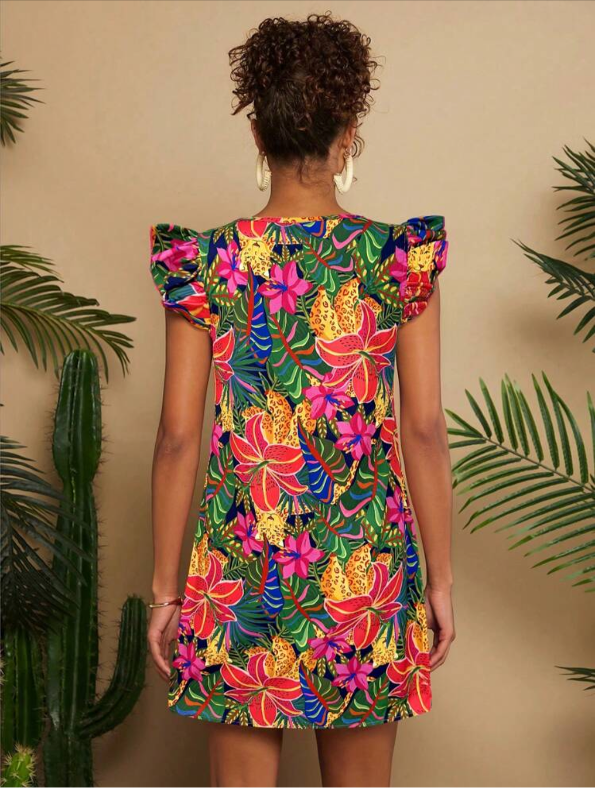 #1217 Woven Tropical Print V-Neck Dress