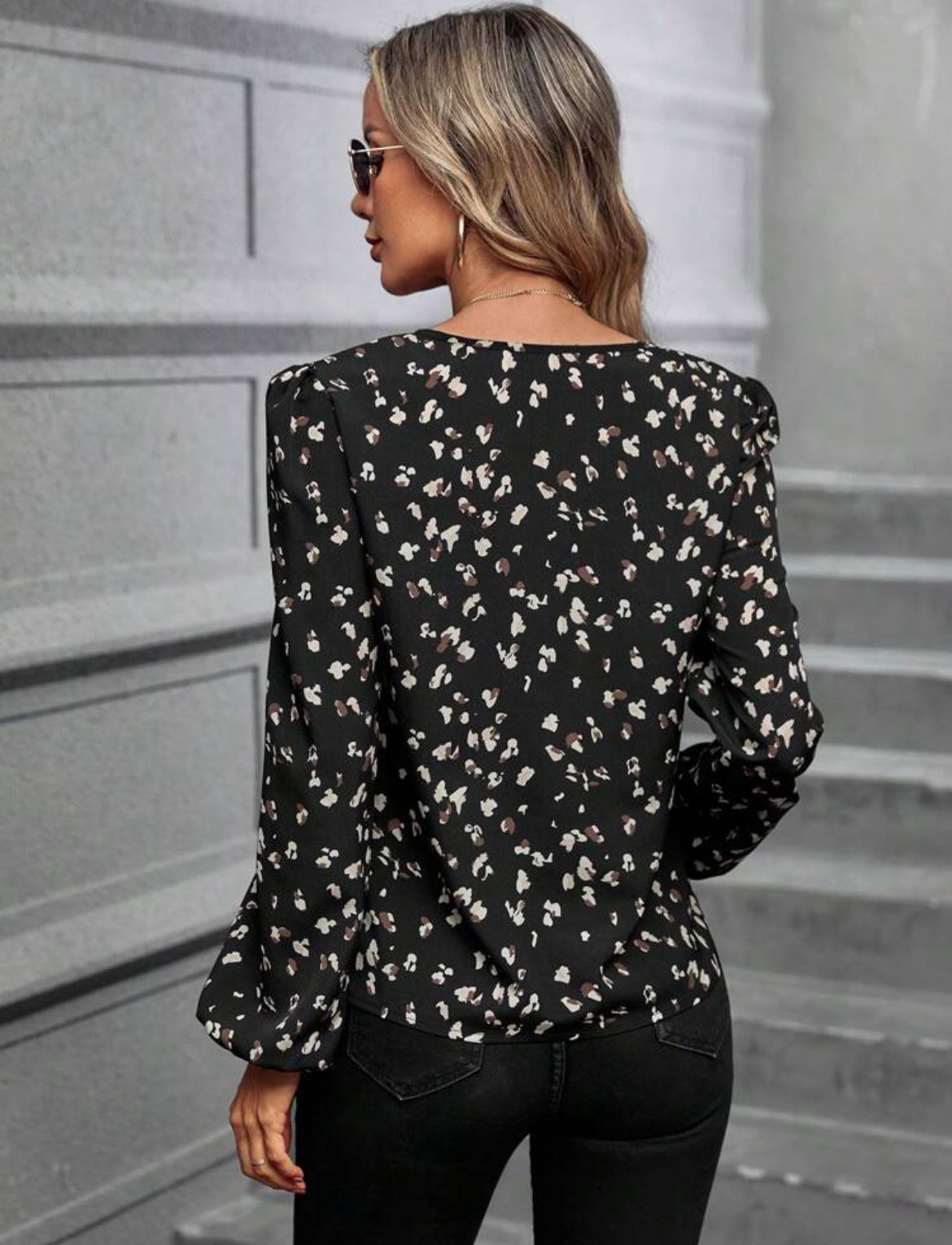 #0151 Allover Print Notched Neckline Lantern Sleeve Blouse