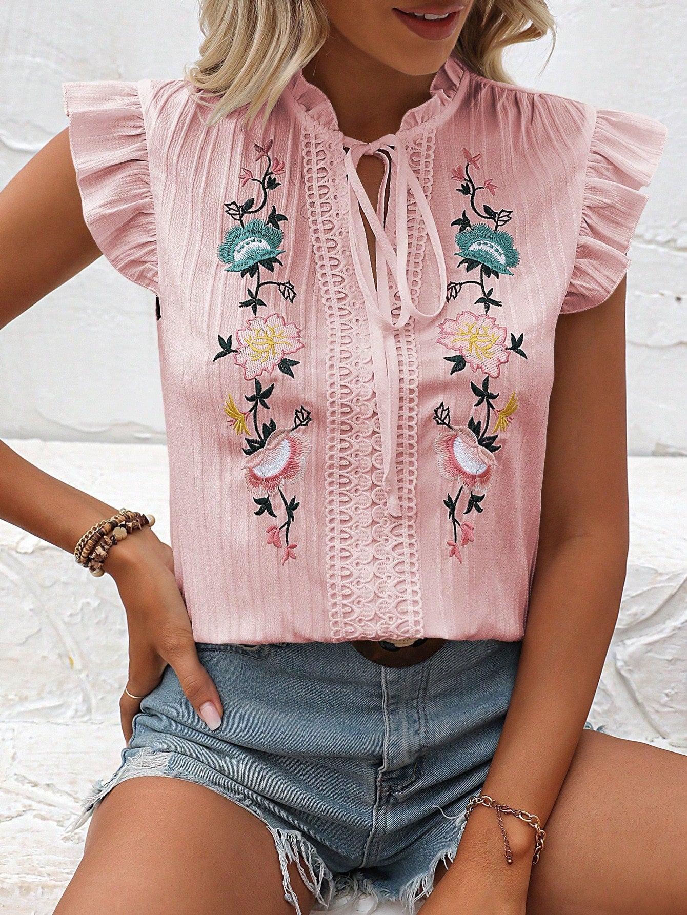 #0538 Floral Embroidered Contrast Lace Ruffle Tied Collar Cap Sleeve Blouse