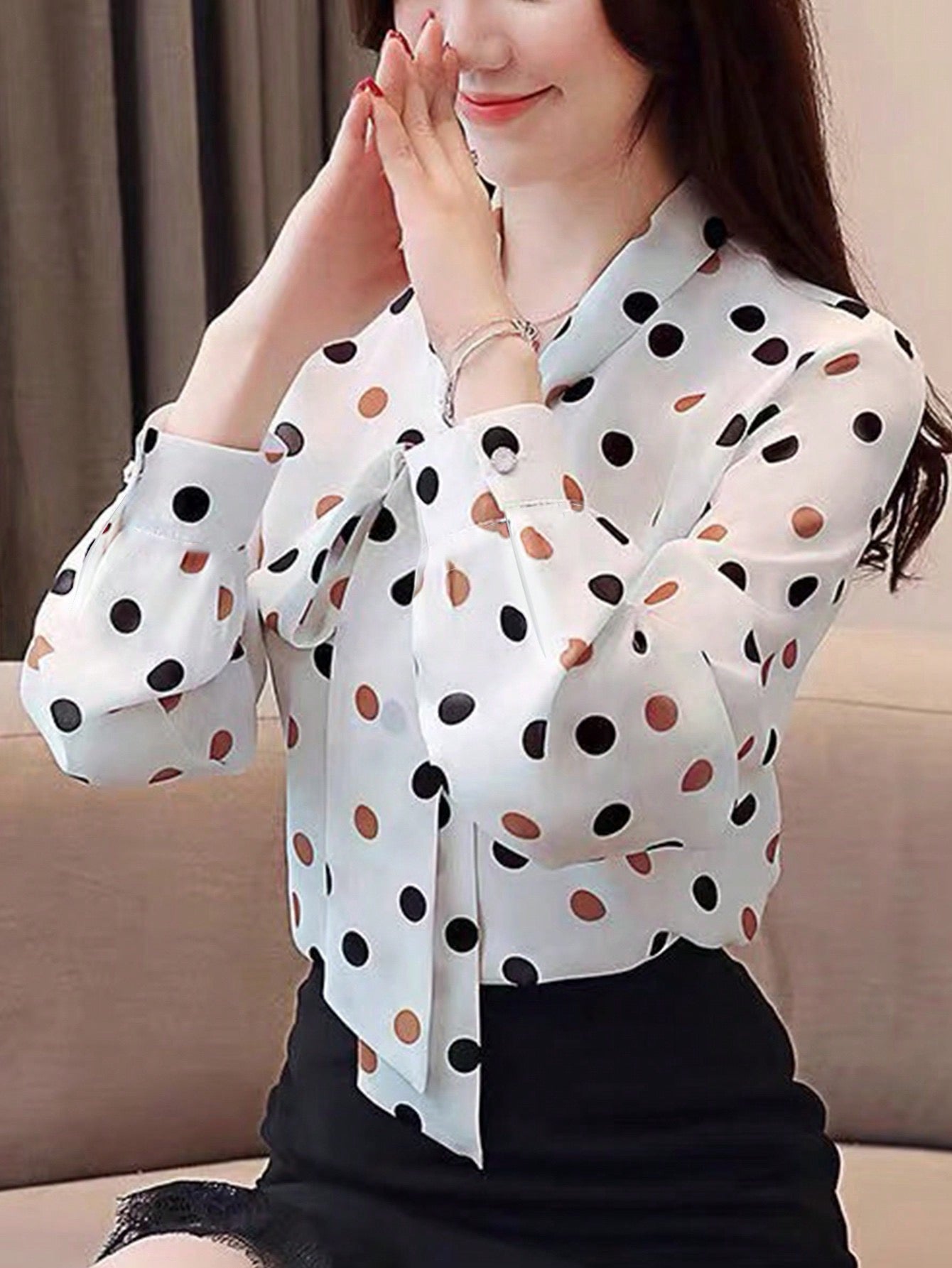 #9477 Tie Neck Long Sleeve Polka Dot Print Blouse