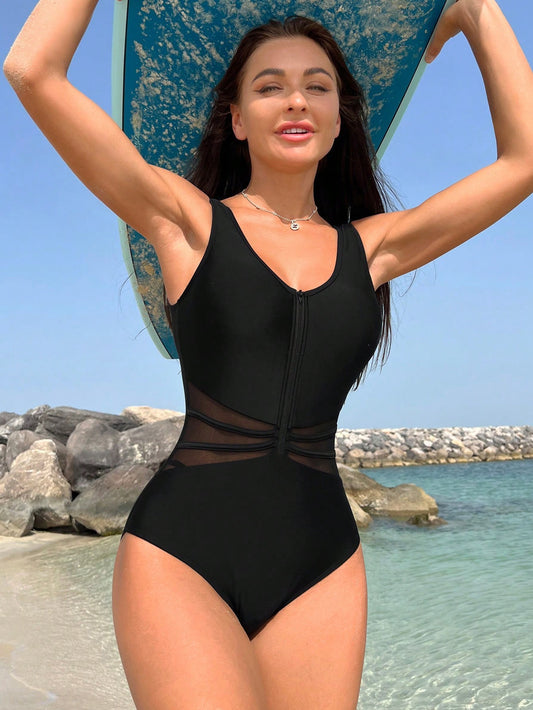 #4618 Mesh Insert Ruched Zip Front One Piece Swimsuit