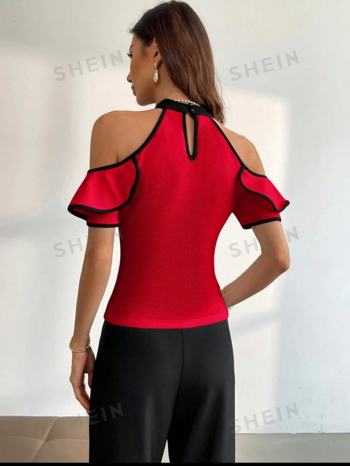 #3343 Color-Block Ruffle Ruffle Short Sleeve Blouse