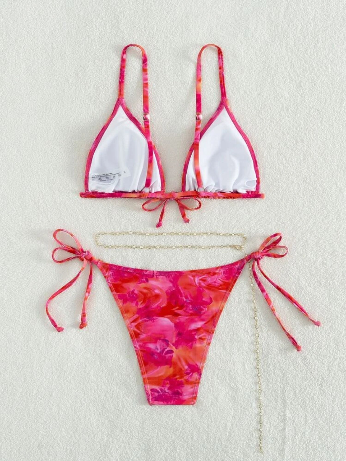 #9822 Tie Dye Bikini Set Triangle Knot Front Bra & Tie Side Bottom & Chain 3 Piece Bathing Suit