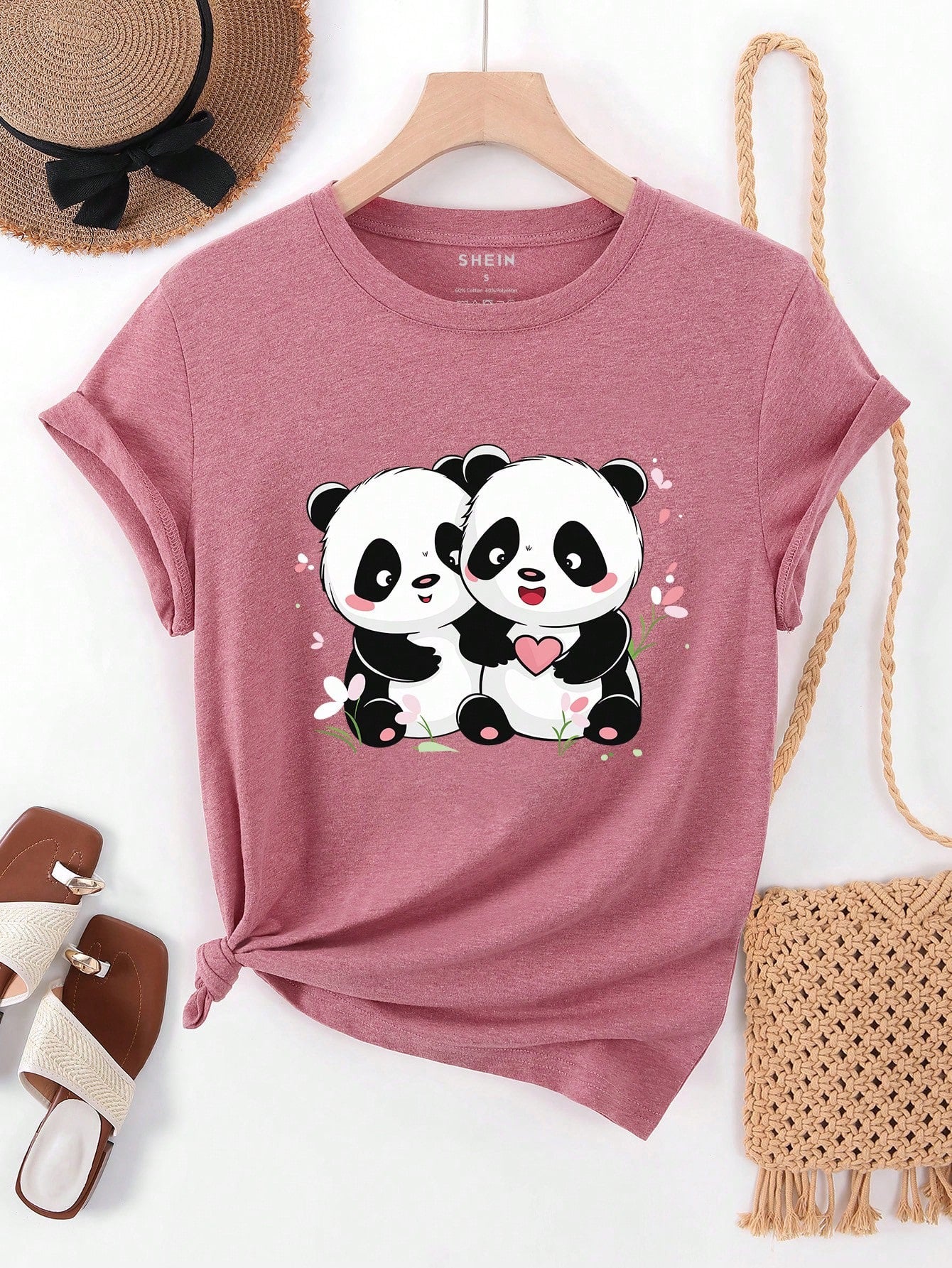 #9172 Panda Print Round Neck Short Sleeve T-Shirt