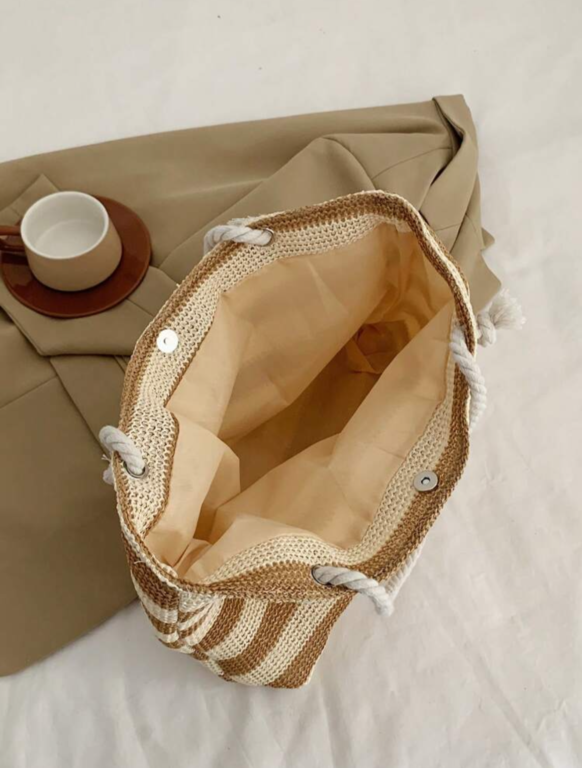 #0804 Woven Stripe Straw Bag Beach Style Weaved Basket Tote