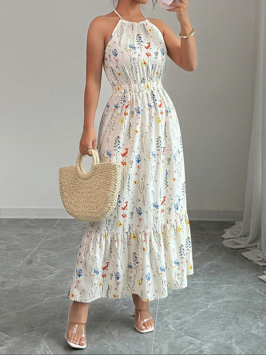 7130 Spaghetti Strap Halter Back Elastic Waist Dress