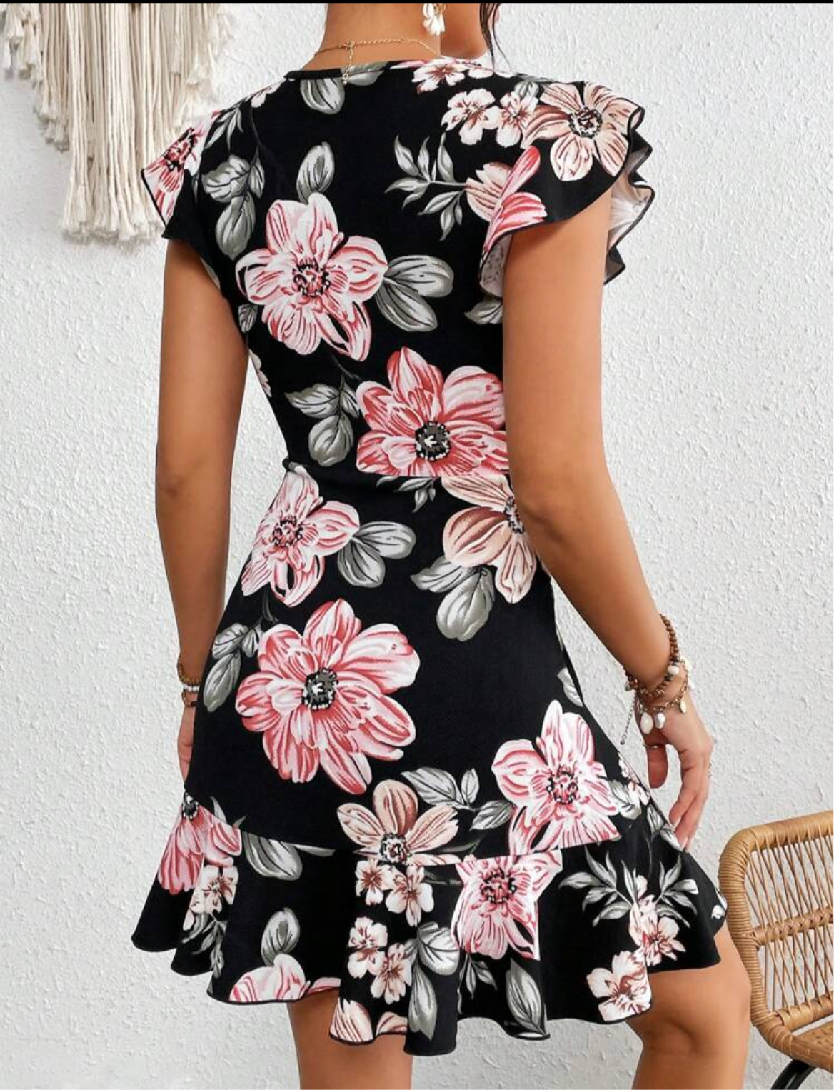 #7558 Floral Print Ruffled Sleeve Knited Waist Dress