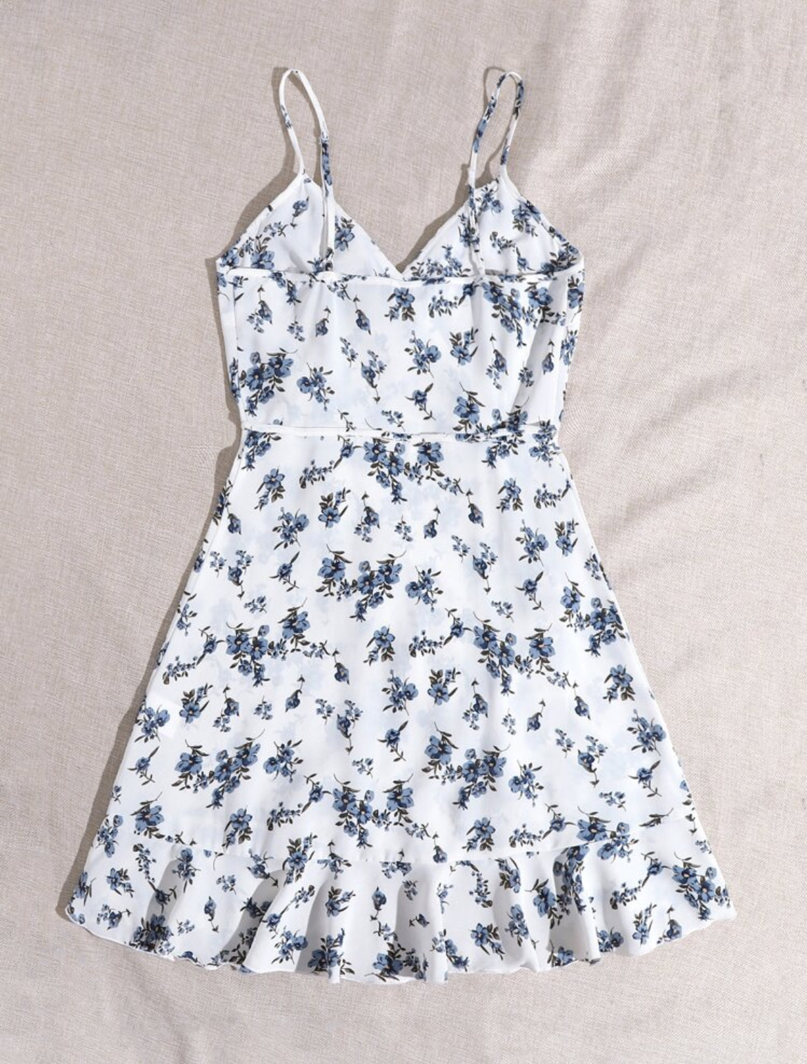 #7686 Allover Floral Print Ruffle Wrap Belted Dress