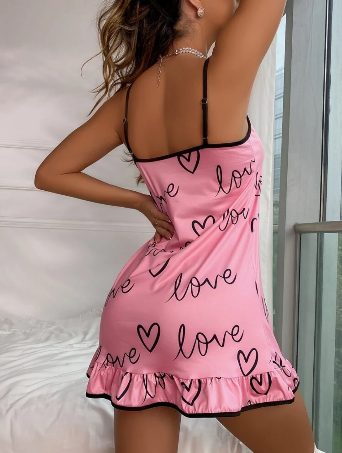#6553 Heart & Letter Graphic Contrast Binding Ruffle Hem Cami Nightdress
