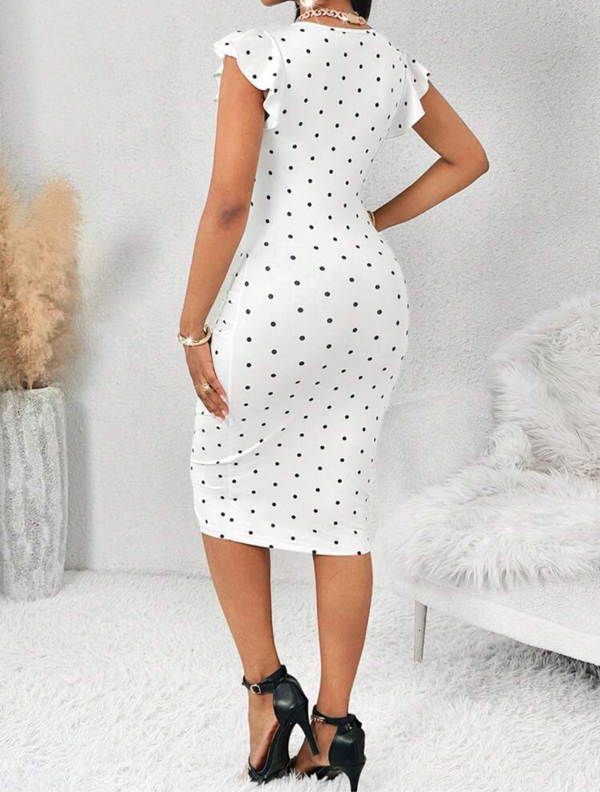 4557 White Polka Dot Elegant Knitted Sleeveless Ruffle Dress