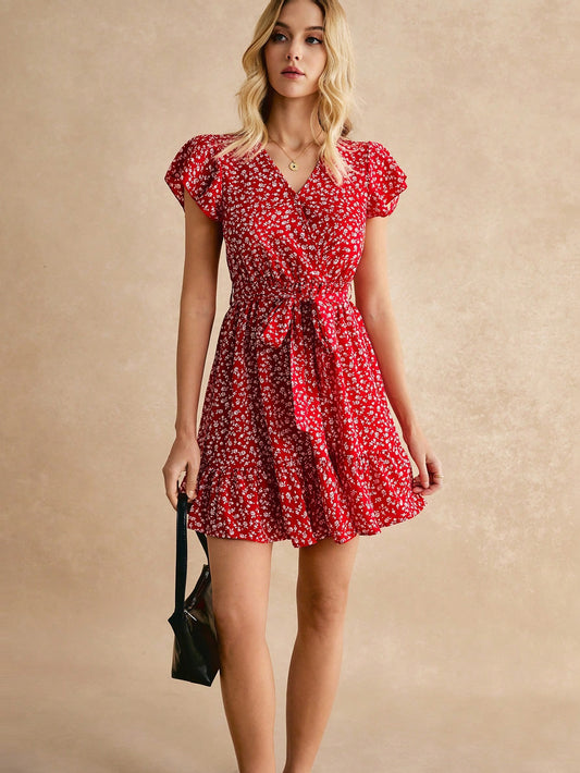 #8541 Floral Print Belted Dress