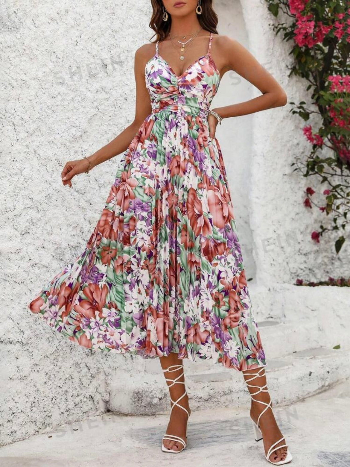 #0400 Floral Print Pleated Hem Spaghetti Strap Dress