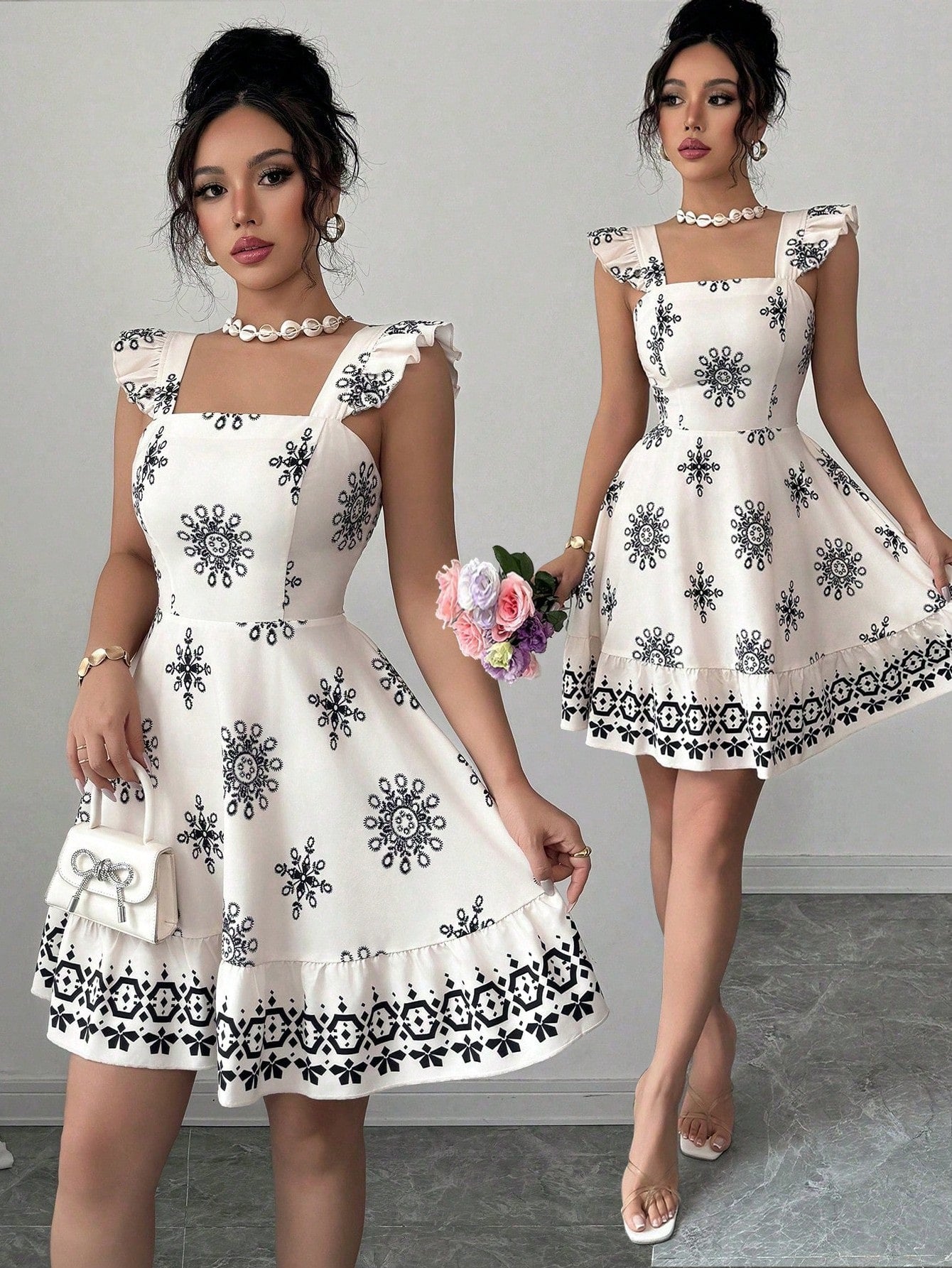 #1021 Tie Back Printed Mini Sleeve Dress