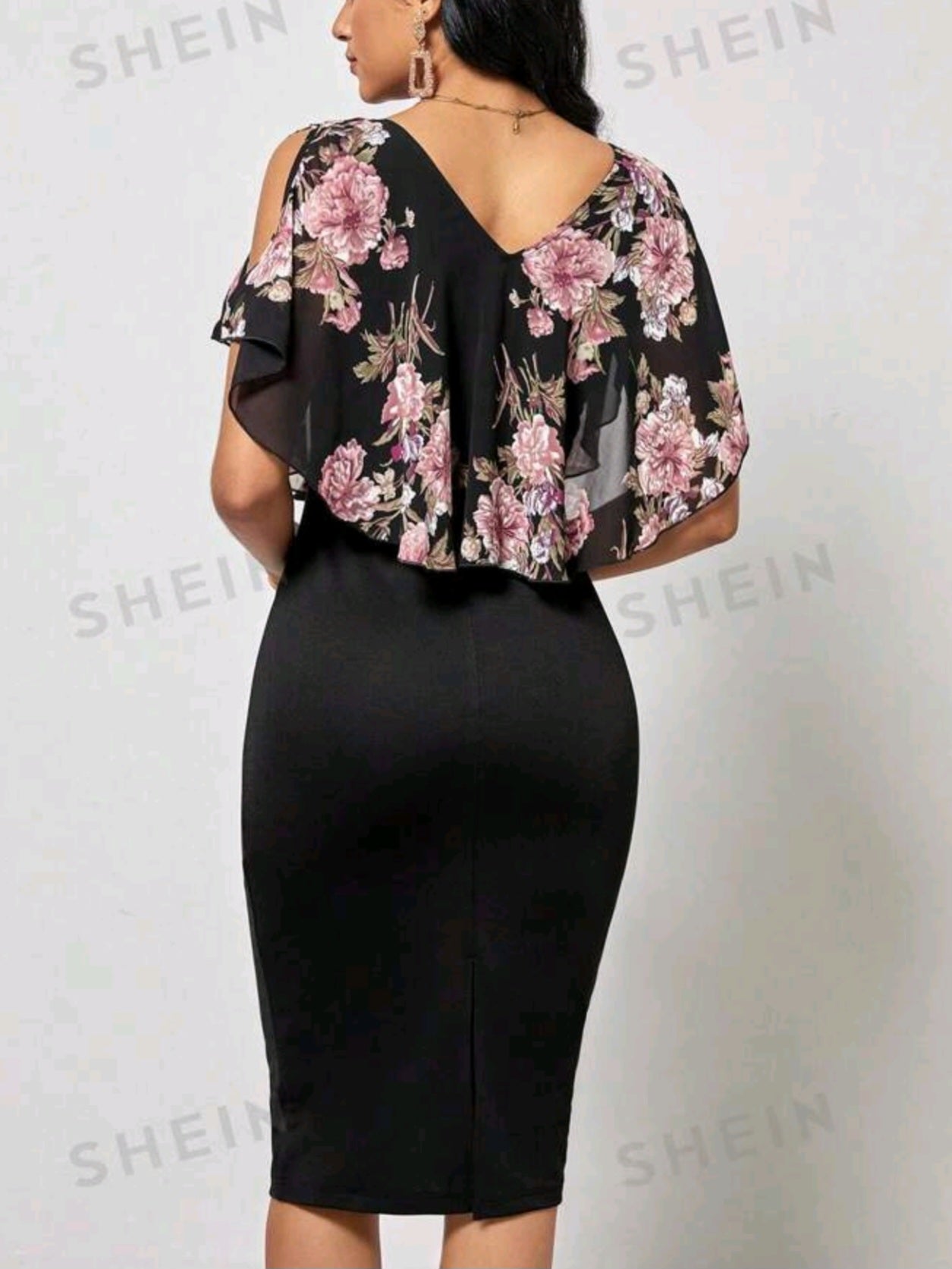 #4050 Floral Print Cold Shoulder Ruffle Trim Bodycon Dress
