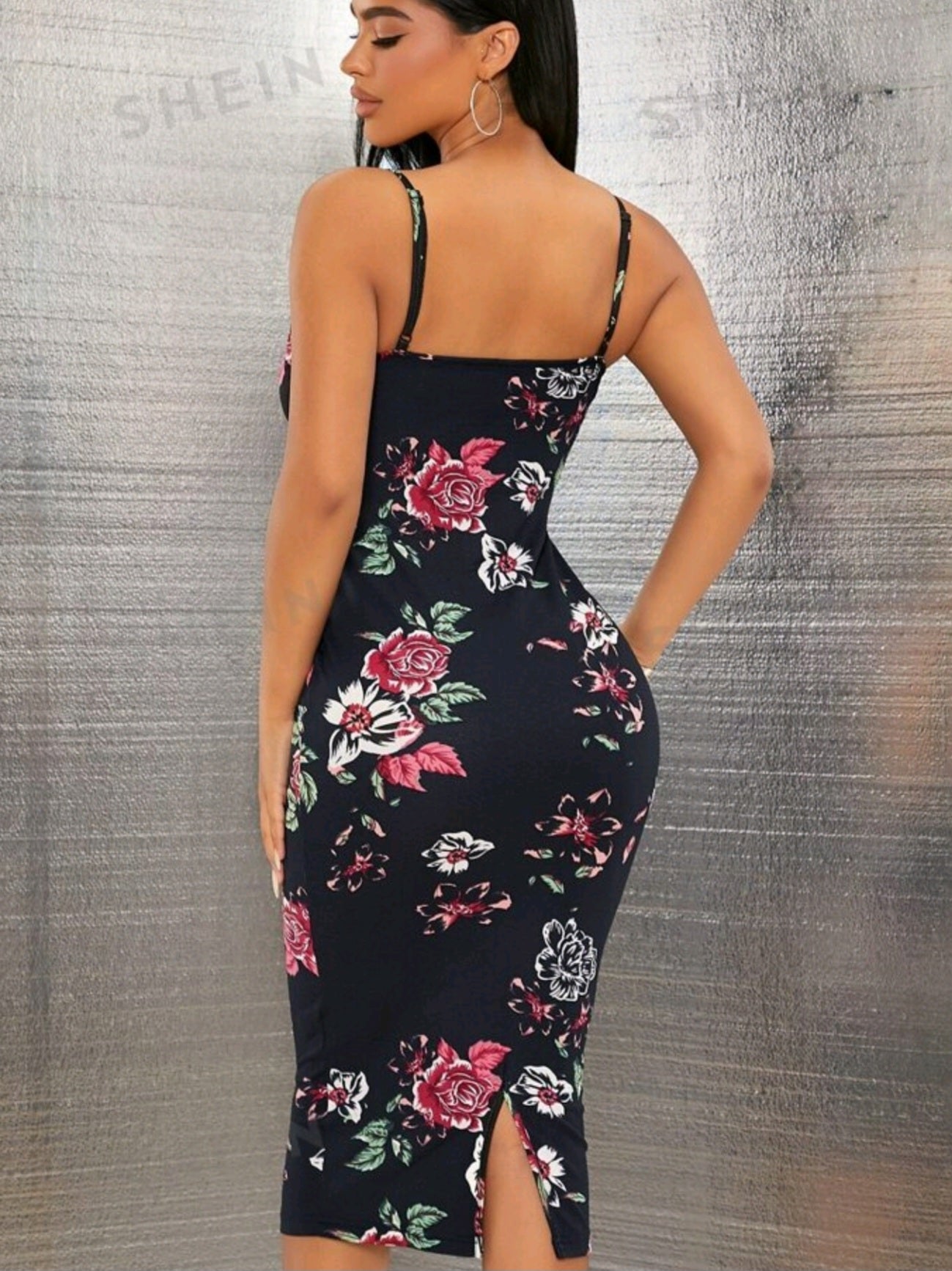 #2127 Floral Print Split Hem Bodycon Cami Dress