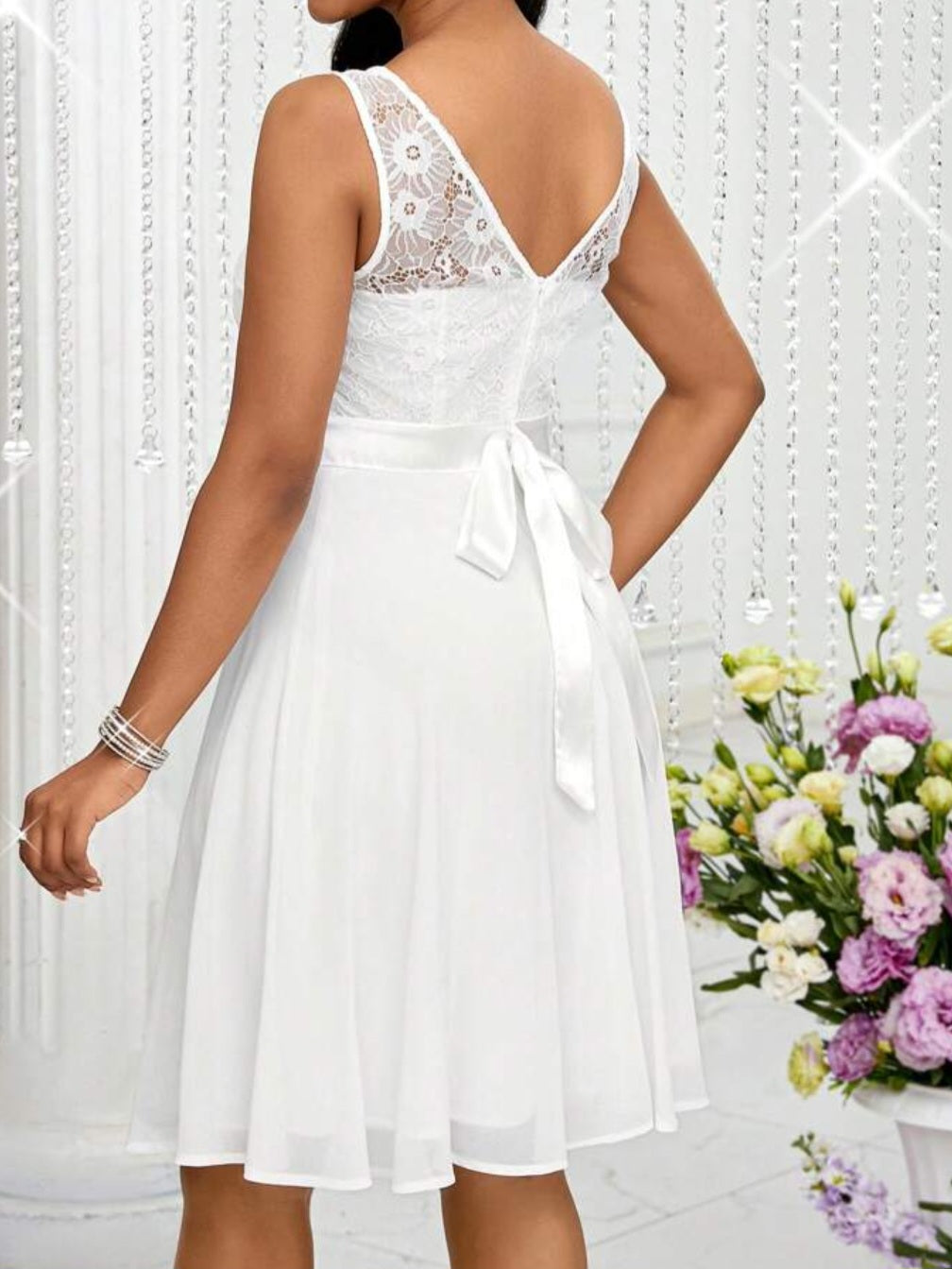 #9983 Elegant Contrast Lace Waisted Sleeveless Dress