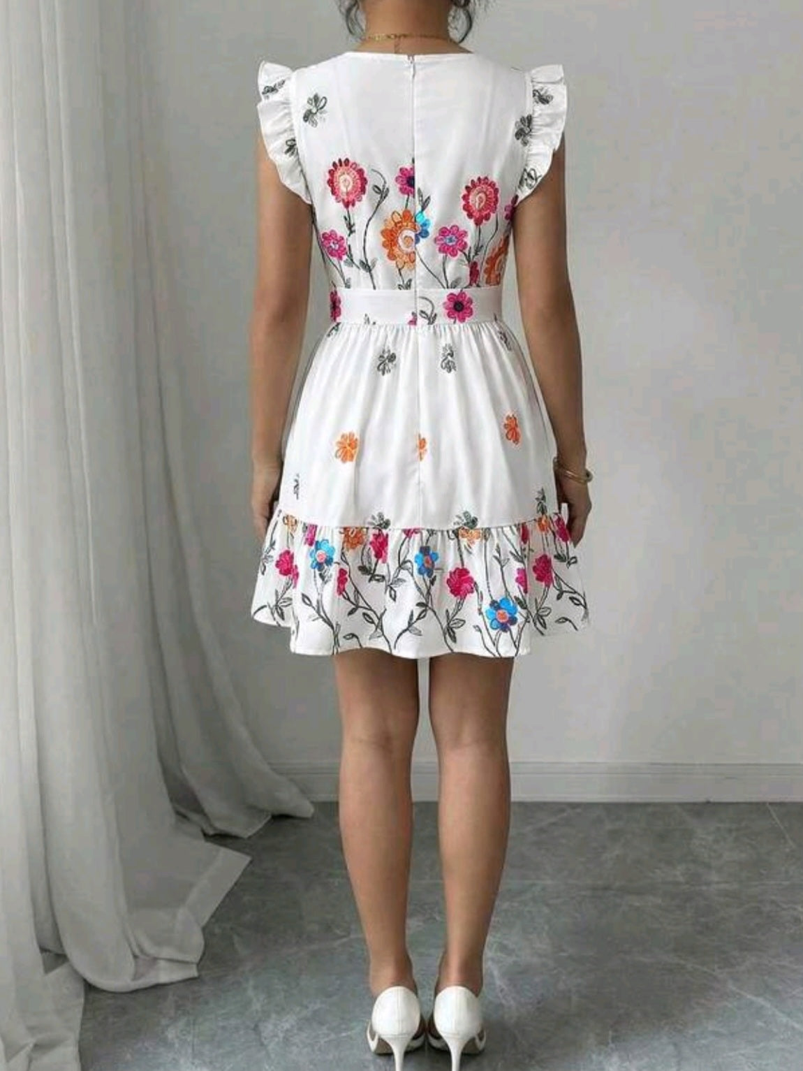 5422 Square Neck Waist Cinched Ruffle Hem Dress