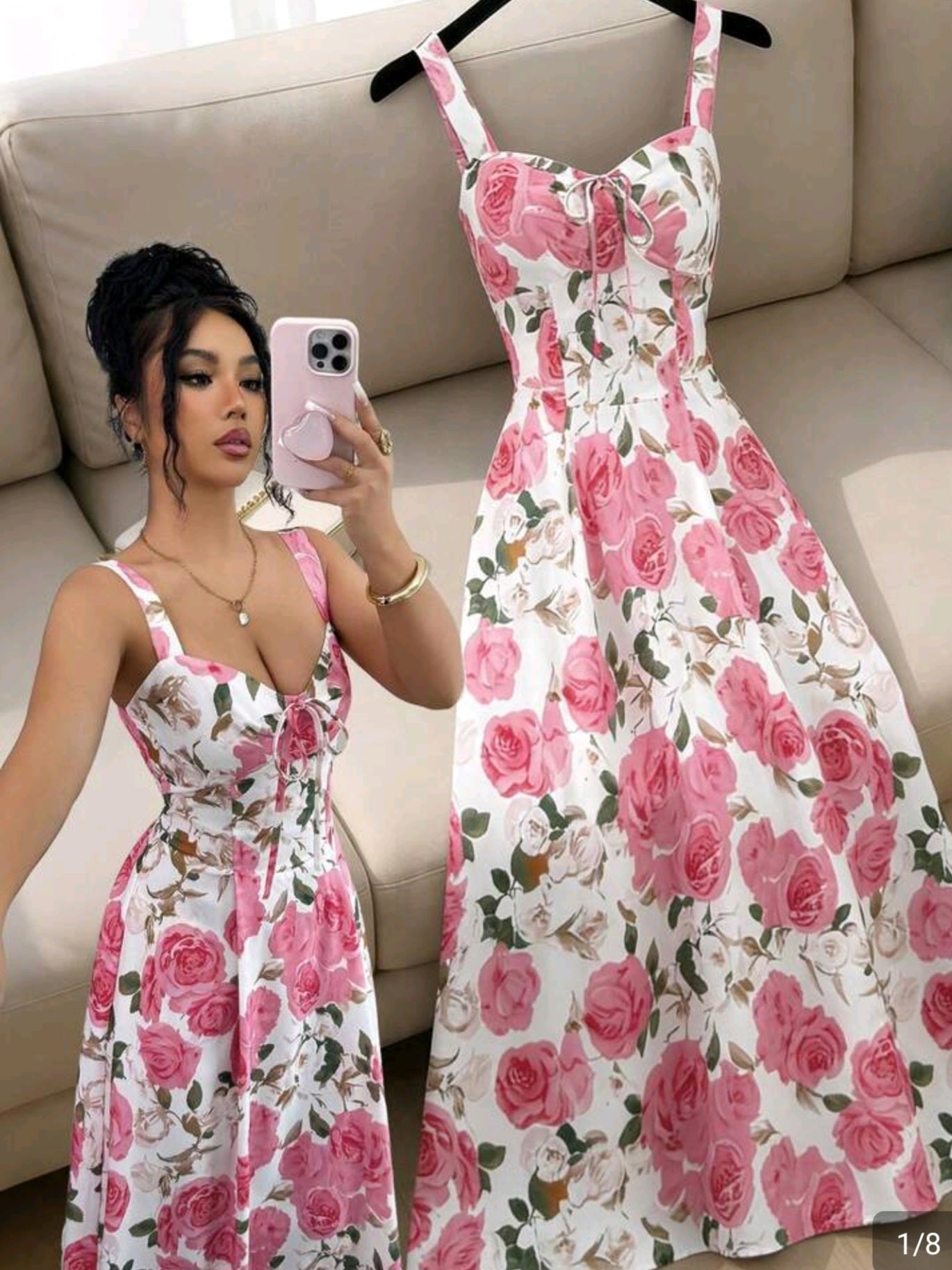 0706 Bow V-Neck Waist Cinched Flared Dress